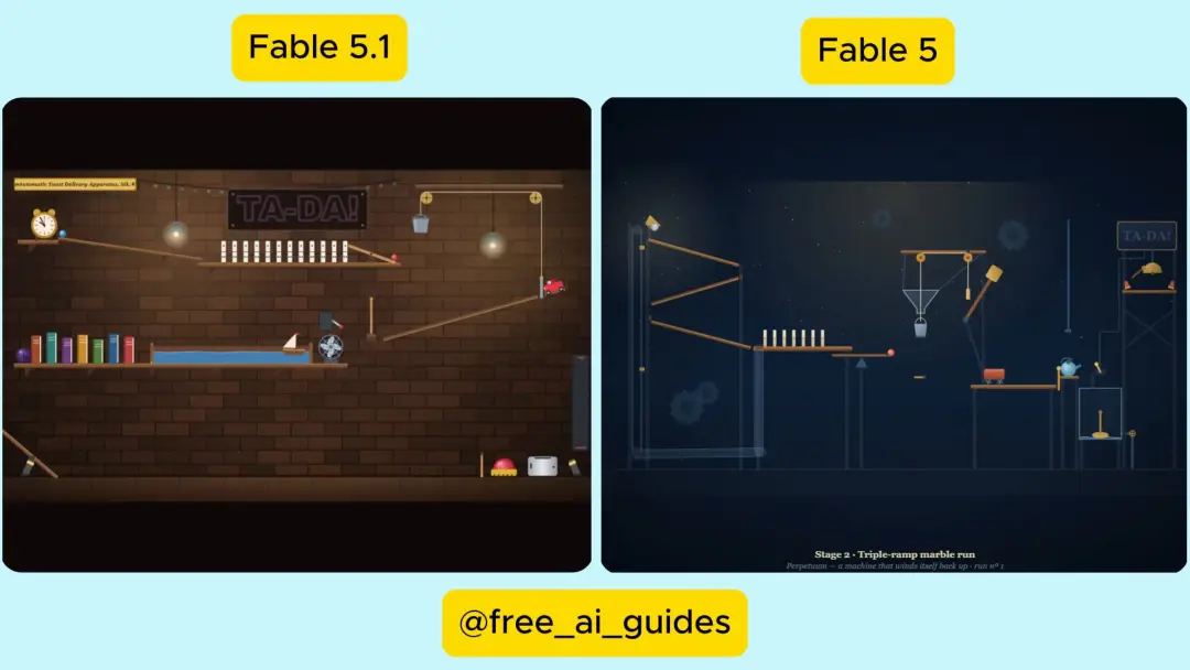 Still from Rube Goldberg chain-reaction machine (Fable 5.1 vs Fable 5)
