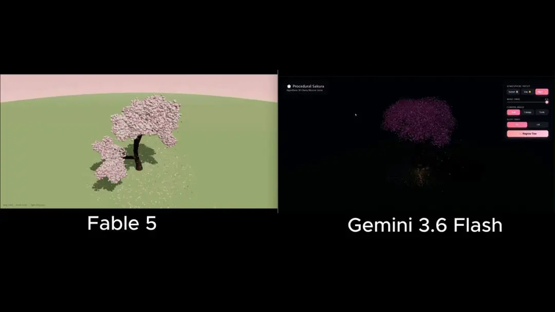 Still from Procedural 3D cherry blossom tree (Fable 5 vs Gemini 3.6 Flash)