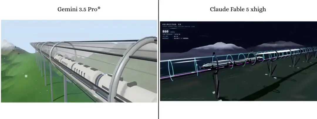 Still from Maglev train in a glass vacuum tube (Fable 5 vs Gemini 3.5 Pro)