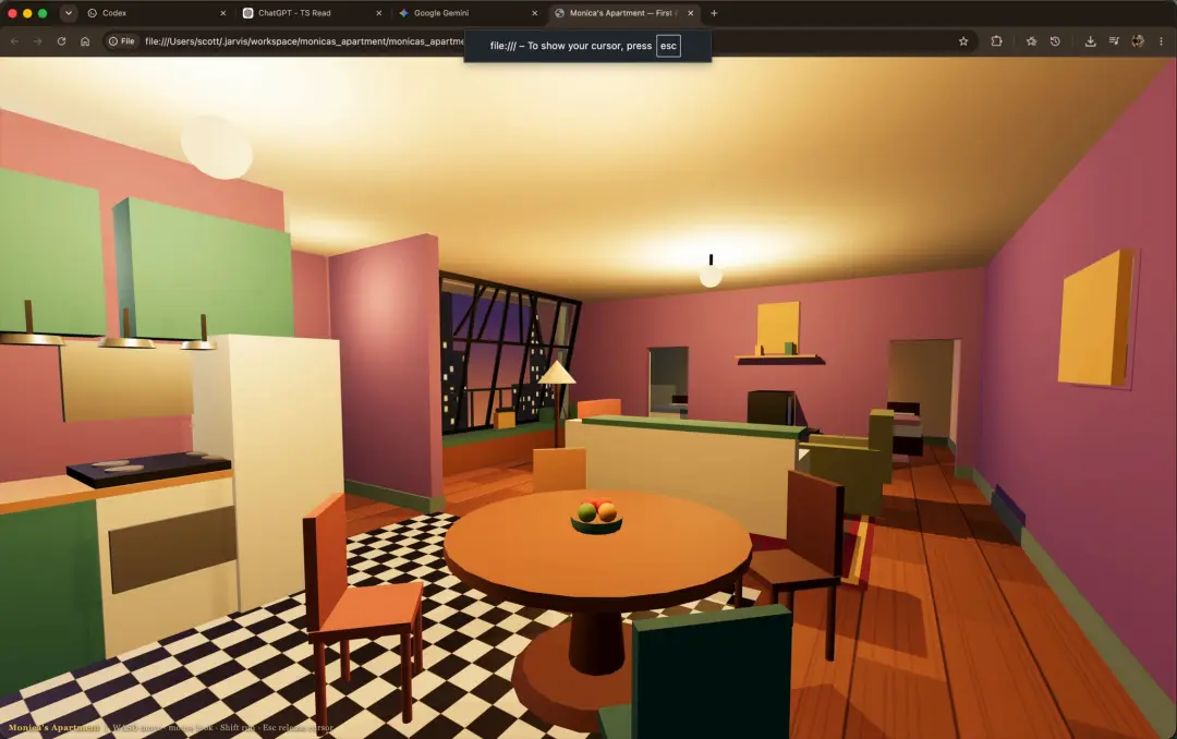 Still from Monica's apartment from Friends, first-person in Three.js