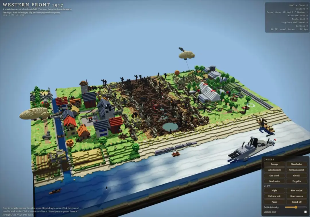 Still from World War One voxel battlefield diorama