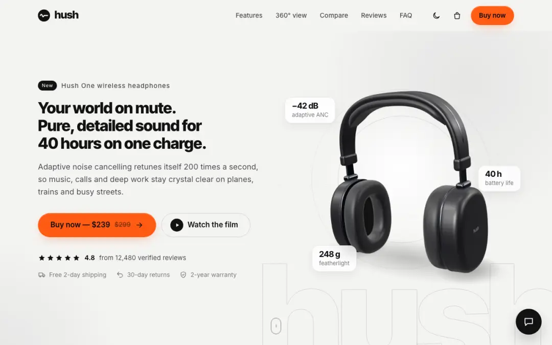 First screen of Hush One noise-cancelling headphones landing page