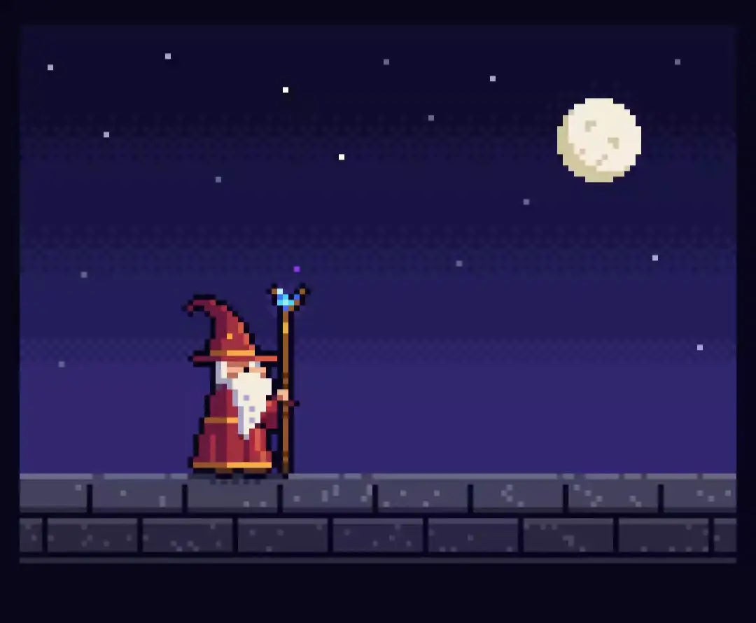 Still from Pixel-art wizard casting a spell