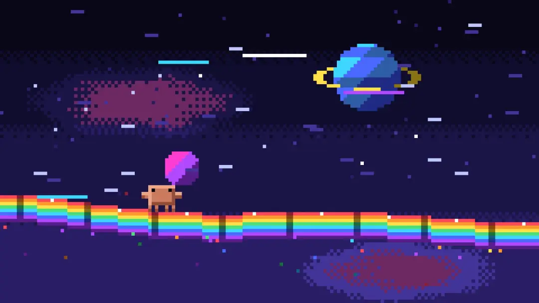 Still from Pixel runner dodging meteors on a rainbow track