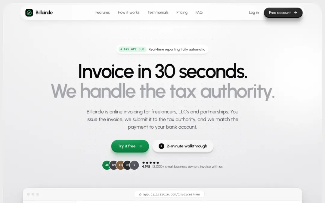 First screen of Billcircle invoicing app landing page