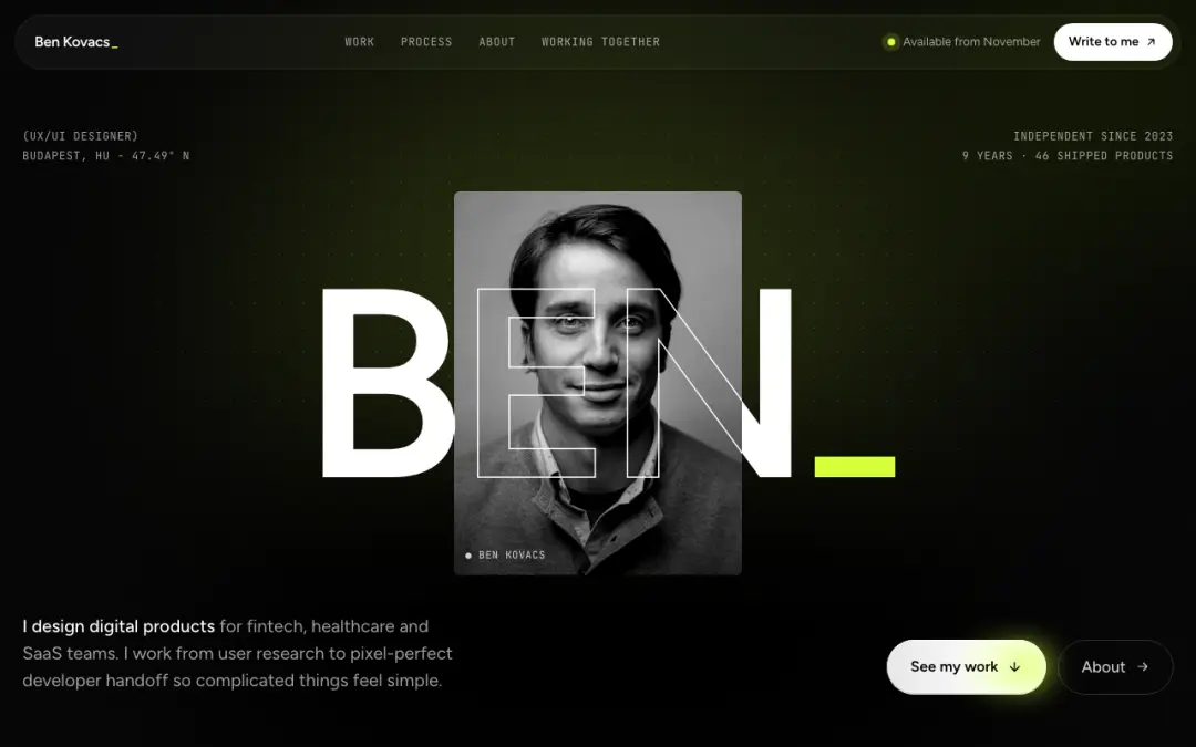 First screen of Dark neon UX/UI designer portfolio