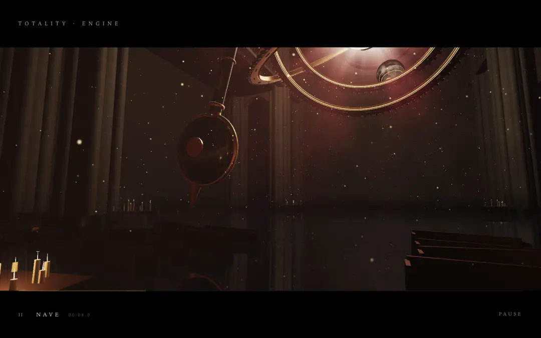 Still from Totality Engine: drowned cathedral at eclipse (Opus 5.5)